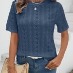 Eyelet Embroidered Crew Neck T-Shirt, Casual Short Sleeve Top For Spring & Summer, Women'S Clothing