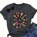 Women'S Casual Short Sleeve T-Shirt - Vibrant Orange Geometric Floral Print, Relaxed Fit Round Neck, Machine Washable Summer Top, Soft Texture Shirt