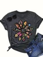 Women'S Casual Short Sleeve T-Shirt - Vibrant Orange Geometric Floral Print, Relaxed Fit Round Neck, Machine Washable Summer Top, Soft Texture Shirt