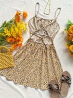 Women'S Ditsy Floral Backless Strap Sundress With Adjustable Bow Tie Waist - Knee-Length Sleeveless Summer Dress, Machine Washable Lightweight Fabric For Beach Vacations & Casual Outings, Vacation Attire, Nontransparent Material - Image 7