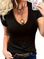 Plus Size Women'S Vibrant Yellow Deep V-Neck Short Sleeve T-Shirt - Casual Stretchy Top, Machine Washable For Spring Summer Fall, Ladies T Shirts - Image 6