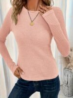 Women'S Elegant Semi-Sheer Pullover Sweater - Soft Round Neck Long Sleeve Top, Medium Stretch Spring/Fall Casual & Formal Wear, Solid Color Versatile Wardrobe Staple, Sweater, Spring Fall Attire, Minimalistic Design, Textured Fabric - Image 4