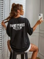 Women'S Black Casual Letter Print T-Shirt - "I'M Not Perfect But I'M Honest" Design, Loose Fit Crew Neck Short Sleeve Top, Soft Polyester Blend, Machine Washable, Casual Attire