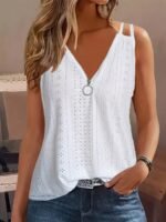 Solid Color Eyelet Zipper Top, Versatile Sleeveless Double Strap Top For Spring & Summer, Women'S Clothing - Image 2