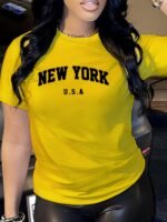 New York Letter Print T-Shirt, Short Sleeve Crew Neck Casual Top For Summer & Spring, Women'S Clothing