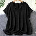 Plus Size - Women'S Elegant V-Neck Bat Sleeve T-Shirt - Slim Fit, Short Sleeve, Black Top With Ruffled Hem, Perfect For Casual Or Chic Outfits, Versatile Clothing | Ruffled Hem Top | Construction, Ladies T Shirts