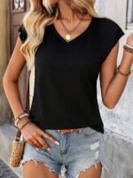 Women'S Casual V-Neck Top - Short Sleeve, Solid Black, Stretchy & Breathable Polyester Blend, Perfect For Spring/Summer/Fall, Versatile Clothing | Vneck Design | Construction - Image 4