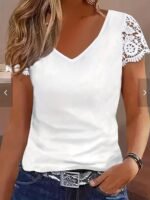 Women'S Soft Pink V-Neck T-Shirt - Elegant Lace Trim Blouse, Machine Washable Everyday & Formal Tops For Women, Versatile Top, Feminine Style, Breathable Top, Stylish Top, Summer Wardrobe - Image 4