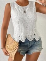 Women'S Sexy Sleeveless Lace Trim Tank Top - Solid Color White Guipure Lace Detailing, Round Neck Casual Chic Versatile Top For Spring/Autumn, Machine Washable, Lace Tank Top, Spring Autumn Apparel, Elegant Lingerie, Elegant Fabric - Image 4