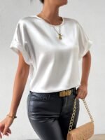 Women'S Elegant Satin Top, 100% Polyester Crew Neck Short Sleeve Solid Color Blouse, Regular Fit Casual Loose Tops For Spring/Summer, Woven Lightweight Fabric 120G/M? - All Seasons - Image 8