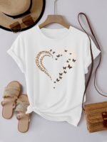 Casual Crew Neck Short Sleeve T-Shirt, Women'S Polyester Basic Round Neck Pullover, Heart Butterfly Pattern, With Slight Stretch, Regular Length And H Fit - Image 7
