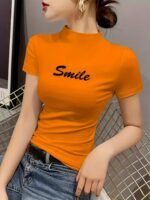 Chic Embroidered "Smile" Mock Neck T-Shirt For Women - Vibrant Orange, Short Sleeve, Slim Fit, Casual Spring/Summer Top, Machine Washable, Polyester & Spandex Blend