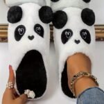 Cute Panda Cartoon Plush Slippers For Women - Cozy Winter Indoor House Shoes With Soft Fabric Upper, Warm Lining & Durable Tpr Sole, Black & White Animal Design, Cute Slippers