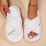 1 Pair Women'S Minimalist Striped Slippers - Comfortable Warm Soft Plush Open-Toe Slip-On House Shoes With Eva Sole, All-Season Indoor Footwear - Image 5
