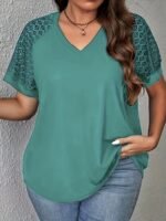 Plus Size, Plus Size Spring-Summer New Elegant Contrast Lace Splicing T-Shirt For Women Short Sleeve - Image 3