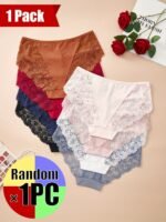 Plus Size High Stretch Polyamide Briefs With Contrast Lace Detail, Sexy Hollow Out Knit Fabric Panties For Women - 1Pc Pack - Image 2