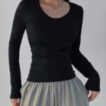 Women'S Slim-Fit Ribbed Long Sleeve Top - Solid Black Round Neck Stretch Shirt, All-Season Machine Washable Elegant Casual & Formal Wear, Versatile Clothing, Sophisticated Style, Durable Clothing, Stretchy Fabric, Everyday Outfit, Slim Fit, Comfortable Fit, Fitted Blouse, Office Women