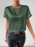 Women'S Plus Size Light Blue Woven Blouse - Elegant Short Sleeve Crew Neck, Solid Color, Non-Stretch Fabric, Perfect For Summer, Casual Summer Wear|Sleek Fitted Look|Nonstretch Material, Plus Size Blouses - Image 6