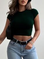 Women'S Slim Fit Stretchy Short Sleeve T-Shirt - Solid Color Burgundy, Round Neck, Casual Top For Spring/Summer, Machine Washable, Everyday Tshirt | Round Neck Tee | Stretchy Fabric - Image 4