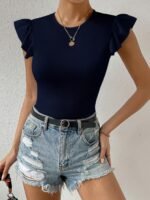 Ruffle Trim Crew Neck Top, Versatile Solid Color Slim Top For Spring & Summer, Women'S Clothing - Image 3