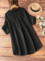 Plus Size Casual V-Neck Sleeveless Blouse With Fake Buttons - Beige, Asymmetrical Hem, Long-Sleeve, Non-Stretch Fabric, Perfect For Spring/Summer, Casual Attire|Vneck Blouse|Asymmetrical Hemline, Plus Size Shirts - Image 6