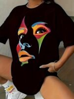 Facial Graphic Sports T-Shirt, Round Neck Short Sleeves Workout Top, Women'S Activewear - Image 3