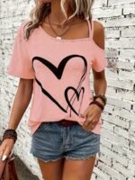 Heart Print Cold Shoulder T-Shirt, Casual Short Sleeve Backless Asymmetrical Top, Women'S Clothing - Image 3