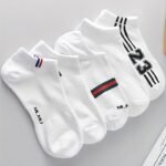 5 Pairs Women'S Breathable & Odor-Resistant Athletic Socks - Low-Cut, Moisture-Wicking, Striped Design, White With Blue, Red, And Black Accents, Perfect For Spring & Summer Sports And Casual Wear, Cute Socks - Image 4