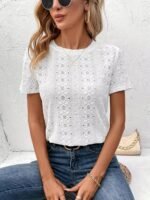 Solid Color Eyelet Embroidered T-Shirt, Elegant Short Sleeve T-Shirt For Spring & Summer, Women'S Clothing - Image 9