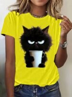 Cat Print T-Shirt, Casual Short Sleeve Crew Neck Top For Spring & Summer, Women'S Clothing - Image 2