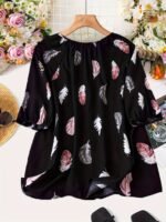 Elegant Notched Collar Polyester Non-Stretch Shirting Blouse With Print For Plus Size - Image 7