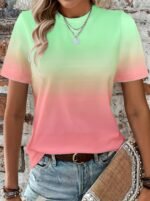 Gradient Crew Neck T-Shirt, Short Sleeve Casual Top For Spring & Summer, Women'S Clothing - Image 3