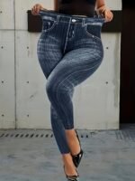 Women'S Plus Size Geometric-Pattern Skinny Pants, High Stretch Knit Fabric, Asymmetrical Detail, Polyester 95% Elastane 5%, All-Season Casual Base Layer Trousers, 180G/M? - Image 4