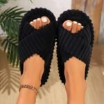 Fuzzy Crisscross Band Home Slippers, Cozy & Warm Open Toe Soft Plush Shoes, Solid Color Indoor Floor Slippers - Image 10