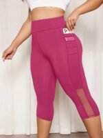 Plus Size Mesh Seven-Split Pants With Pockets, High-Waisted Tummy Control Workout Running Yoga Leggings, Women'S Sportswear - Image 9