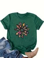 Women'S Casual Short Sleeve T-Shirt - Vibrant Orange Geometric Floral Print, Relaxed Fit Round Neck, Machine Washable Summer Top, Soft Texture Shirt - Image 8