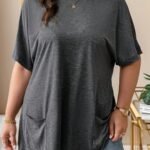 Plus Size Women'S Elegant Round Neck Short Sleeve T-Shirt - Solid Color With Chest Pocket, Machine Washable, Spring Summer Fall Casual Top, Ladies T Shirts, Seasonal Versatility, Sophisticated Casual, Comfortable Texture