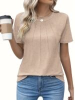 Women'S Casual Summer T-Shirt - Solid Color, Round Neck, Short Sleeve, Comfortable Loose Fit, Dark Blue, Polyester Blend, Machine Washable, Casual Summer Wear | Round Neck Tshirt | Texture - Image 3