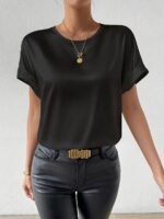 Women'S Elegant Satin Top, 100% Polyester Crew Neck Short Sleeve Solid Color Blouse, Regular Fit Casual Loose Tops For Spring/Summer, Woven Lightweight Fabric 120G/M? - All Seasons - Image 9