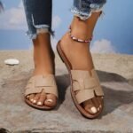 Women'S Summer Fashion Slip-On Flat Monogram Sandals, Solid Color Minimalist Open Toe Slides, All-Season Comfort, Man-Made Upper/Inner/Rubber Sole, Casual Outdoor Footwear - Image 8