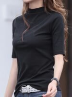 8077 Casual High Neck Solid Color T-Shirt For Women - Polyester Knit Fabric, Regular Fit, Spring/Fall Season - Image 5