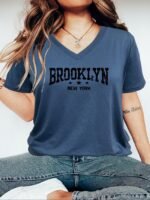 Women'S Casual V-Neck T-Shirt With Brooklyn New York Letter Print - Vibrant Pink & Black Graphic, Short Sleeve Regular Fit, Machine Washable For Spring Summer Fall, Ladies T Shirts, Casual Attire, Durable Fabric - Image 4