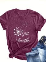 1Pc Women'S Summer Casual Crew Neck T-Shirt, Polyester Knit Fabric, Geometric Dandelion Pattern, "Just Breathe" Slogan, Regular Length Short Sleeve Top - Image 3