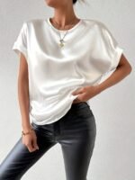 Women'S Elegant Satin Top, 100% Polyester Crew Neck Short Sleeve Solid Color Blouse, Regular Fit Casual Loose Tops For Spring/Summer, Woven Lightweight Fabric 120G/M? - All Seasons - Image 6