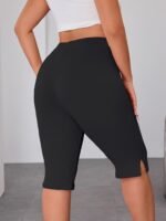 Plus Size, Plus Size High-Waisted Leggings With Side Slit - Stretchy Solid Black Pants For Women, Machine Washable & Dry Cleanable, Spring Summer Fall Casual Wear, Pants, Seasonal, Highwaisted Design, Medium Elasticity, Nontransparent Fabric, Bottoms, Breathable Material, Enthusiasts - Image 2
