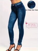 Plus Size - Women'S High-Waisted Stretch Denim Print Leggings - Purple & White Striped Design, Comfortable All-Season Casual Wear, Perfect For & Casual Attire, High Waisted Leggings - Image 9