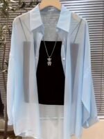 Solid Color Loose Button Front Shirt, Casual See Through Long Sleeve Thin Shirt For Spring & Fall, Women'S Clothing - Image 5