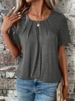 Women'S Elegant Summer Casual Short Sleeve T-Shirt - Solid Color Round Neck Blouse With Ruching Detail, Machine Washable Regular Fit Top For Casual Attire, Short Sleeve Blouse, Soft Fabric Tee - Image 2