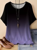 Plus Size, Oriented Plus Size Minimalist Two-Tone Print T-Shirt Spring/Summer Casual Round Neck Short Sleeve Top For Women, No Accessories Included - Image 2