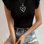 Ruffle Trim Crew Neck Top, Versatile Solid Color Slim Top For Spring & Summer, Women'S Clothing